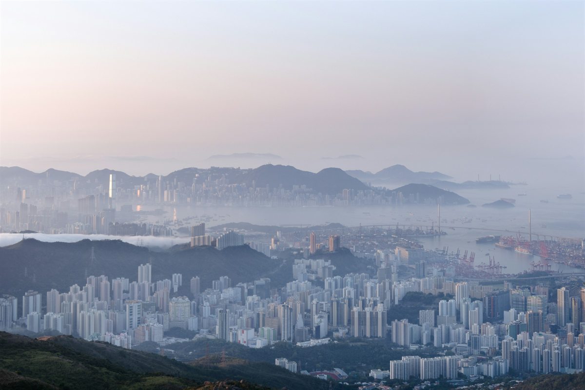 Dawn haze over Kowloon and Hong Kong Island, seen from Tai Mo Shan