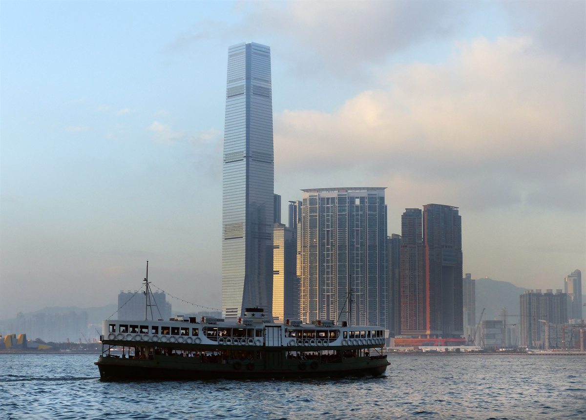The International Commerce Centre (ICC) in soft afternoon haze, seen from Victoria Harbour