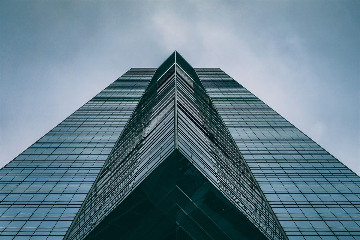 Looking up at the glass apex of The Center in Central, Hong Kong